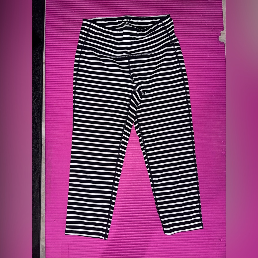 Athleta Black and White Striped Leggings with Elastic Waistband